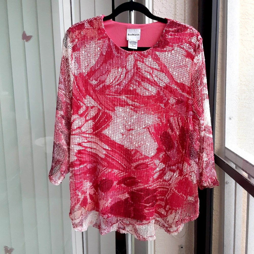 Bon Worth Lace and Sequin, 3/4 Sleeve  Blouse,  Size XL